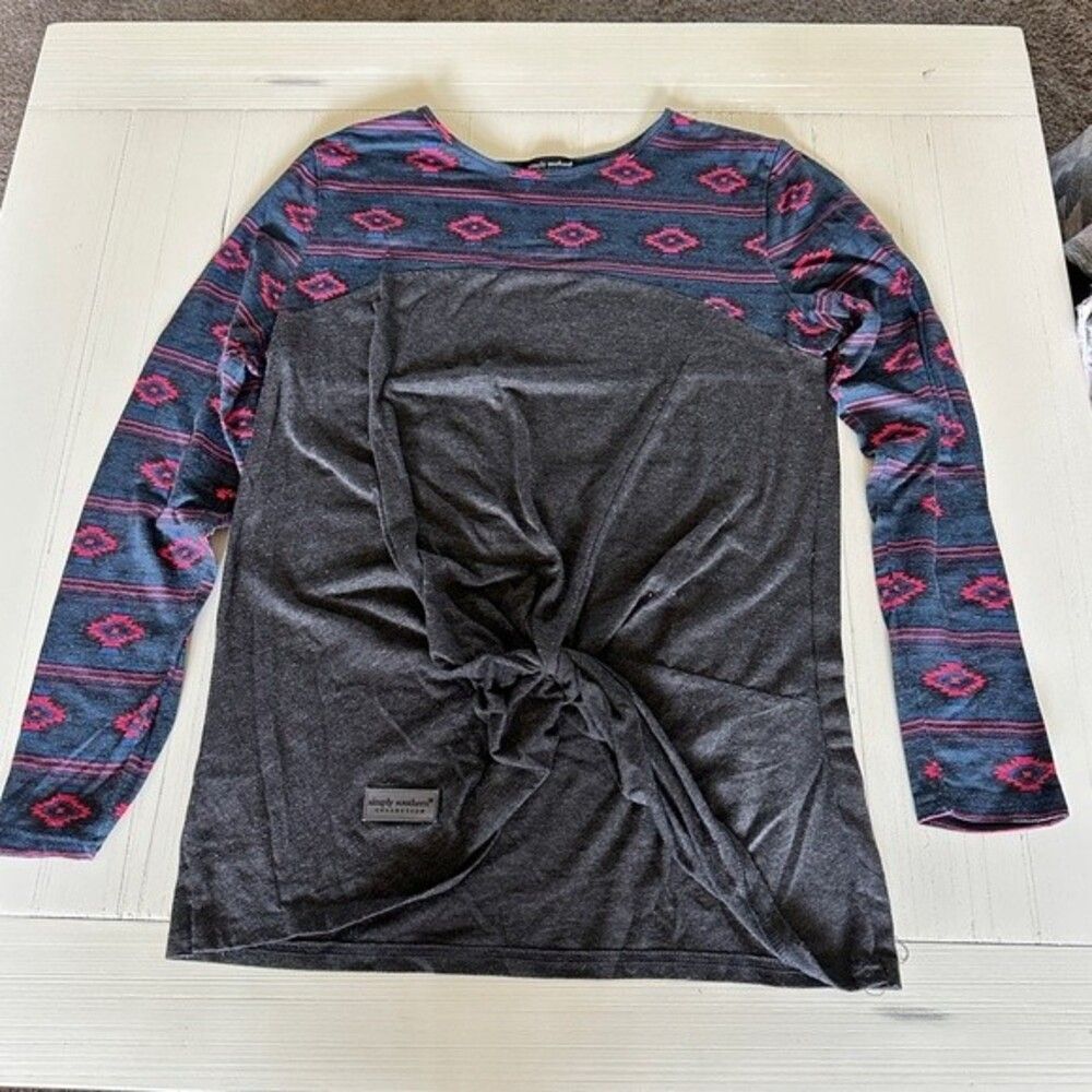 Simply Southern Long Sleeve Tee Gray Blue Red Southwest  Style Size Medium